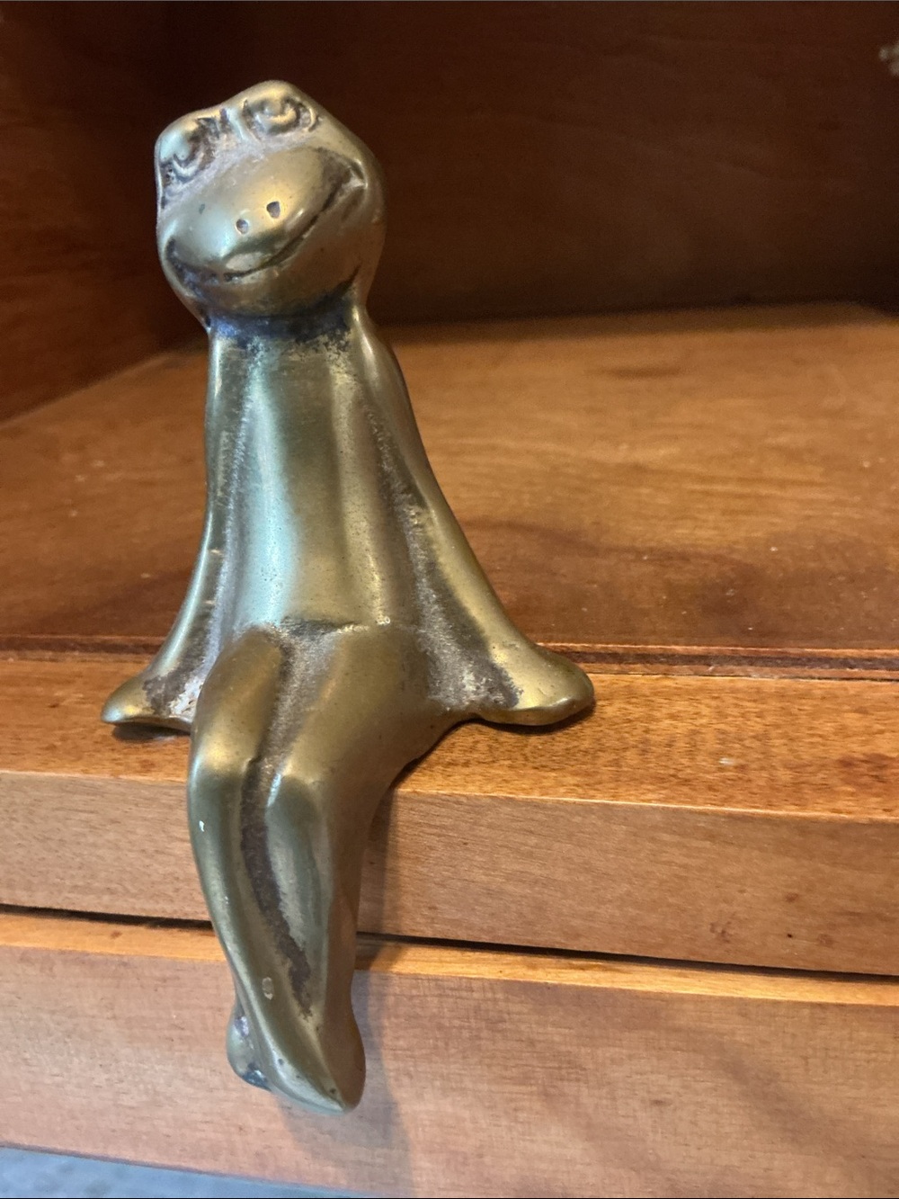 Vintage Solid Brass Smiling Frog Shelf Sitter